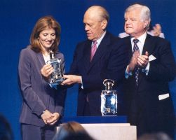 Former President Gerald Ford receiving 2001 Profile in Courage award from Caroline Kennedy & Senator Ted Kennedy.