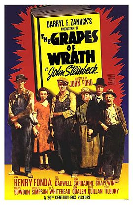 1940 poster for the Grapes of Wrath film, includes image of book and Steinbeck's name. Click for poster.