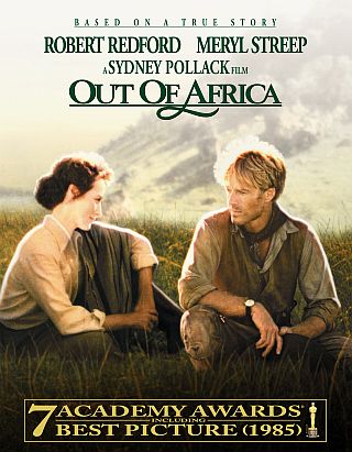 DVD cover for 1985 film, "Out of Africa," one of many films in which Meryl Streep had a lead role, here as a farm wife who falls for a free-roaming, big-game hunter played by Robert Redford. Click for DVD.