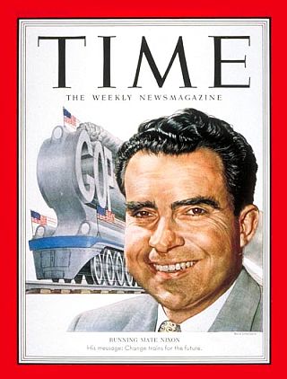 Time magazine cover of August 25, 1952 features Republican vice presidential candidate Richard Nixon in a flattering feature story a few weeks before “secret Nixon fund” reports emerged. 