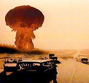 Scene from 1983 TV film, “The Day After,” here showing a nuclear detonation near Ft. Riley, Kansas. Click for DVD.