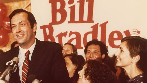 Bill Bradley, shown in what appears to be a campaign photo with a positive outcome at a political rally, perhaps during one of his earlier U.S. Senate campaigns.  Photo, Gwendolyn Stewart.