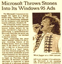 New York Times story of August 18, 1995 on the use of 'Start Me Up" in Windows 95 ad campaign.