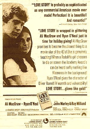 1970 newspaper ad for the 'Love Story' film features upbeat review quotes from Vincent Canby and Time magazine.