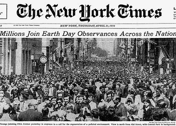 A throng of thousands along New York City’s 5th Ave., as far as the eye could see, came out for the Earth Day demonstration of April 22nd, 1970, resulting in front-page coverage the next day. Source: New York Times.