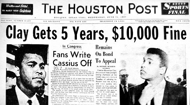 June 1967 Houston Post front-page headlines on the conviction of then heavyweight boxing champion, Cassius Clay /Muhammad Ali, for refusing induction into U.S. military service. He was then out on bond while his case was appealed in the courts, and in two instances – although his title and boxing license had been revoked – would gain approvals to fight in two 1970 bouts. 