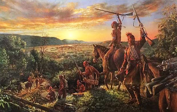 In Robert Griffing’s “Triumphant Return To Fort Duquesne,” Native American allies of the French are shown on their way back to the fort (barely visible at “forks” in the far distance) after defeating British General Edward Braddock in July 1755 at the Battle of the Monongahela, near present day Braddock, PA.  Click for related book.