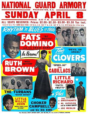 Poster for April 1956 rhythm & blues show at Wash., DC National Guard Armory, with Fats Domino among featured headliners. Click for similar poster.