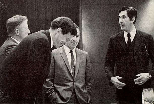 Late 1960s: John DeLorean, far right, at meeting when he was head of the Chevrolet division, where he felt more engaged, could meet with dealers, travel the country, etc., as opposed to life on the 14th floor.  Sports Illustrated.