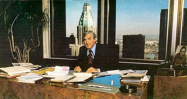 John DeLorean, in his Manhattan office suite during his DMC planing years in the 1970s, high above New York city.