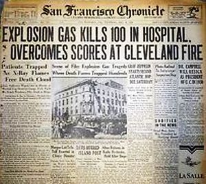 1927 headlines for Cleveland Clinic fire; other headlines note “poisonous fumes from burning x-ray films continue to claim victims” – one of the early plastic-fueled fires. 