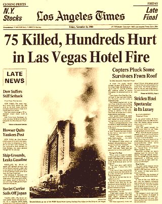 Early L. A. Times headlines on the November 1980 MGM Hotel fire that would finally take 85 lives, with plastics heavily implicated.