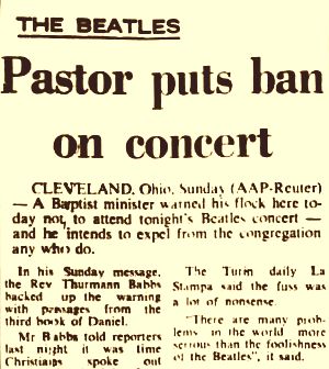 AAP-Reuter wire story on Cleveland pastor who told his parishioners they would be expelled from the church if they attended Beatles concert.