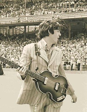 August 1966: Paul McCartney walking toward an  infield stage at Crosley Field, Cincinnati, Ohio.