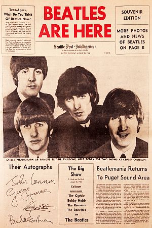 Special souvenir Beatles edition of the 'Seattle Post-Intelligencer' newspaper for the Beatles' August 25th, 1966 concerts in Seattle, Washington.