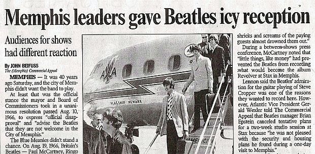 August 2006 story by John Bifuss for ‘The Commercial Appeal’ newspaper of Memphis 40 years after the Beatles visit recalls “the icy reception” they received from city fathers. 