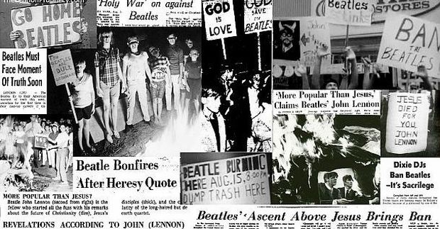 August 1966: Collage of some of the newspaper headlines, Beatle protests, and “Beatle bonfires” that erupted in the U.S. following John Lennon’s “more popular than Jesus” remark, republished in ‘DateBook’ teen magazine.