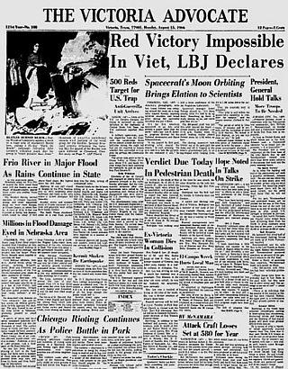 Texas newspaper, ‘The Victoria Advocate’ of August 12th, 1966, features ‘Beatles Bonfire” photo on its front page, but also a dominant LBJ/Vietnam War headline, and lower on page, story headline about race-related rioting in Chicago.