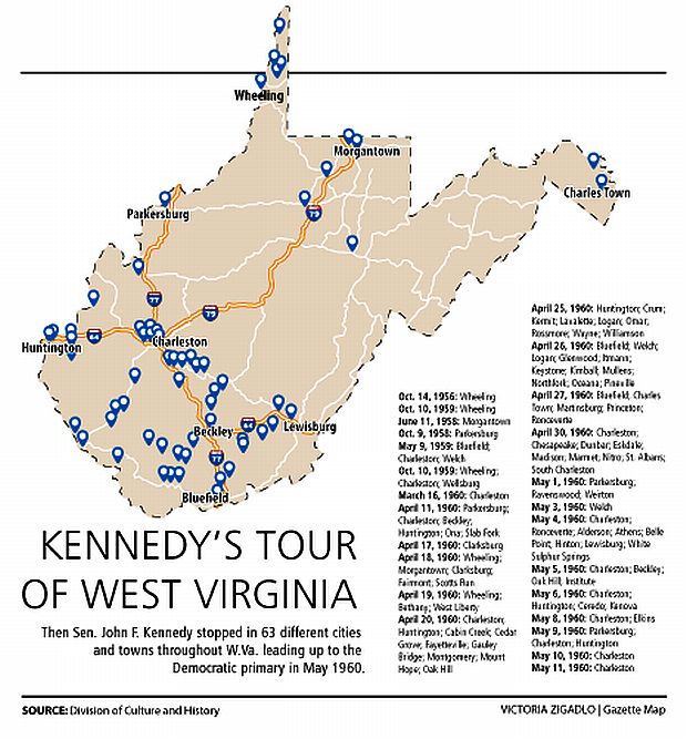 Map compiled by The Gazette newspaper of Charleston, WV, based on information from the West Virginia Division of Culture & History, showing JFK campaign stops, some dating to 1956, but most prior to the May 1960 primary.