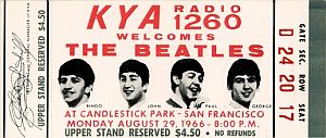 Ticket for the Beatles' August 29th, 1966 concert in San Francisco at Candlestick Park.