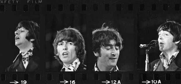 A photographer's film contact sheet showing a series of headshots of the Beatles as they were performing at Candlestick Park, San Francisco, August 1966 – from left: Ringo Starr, George Harrison, John Lennon, and Paul McCartney.