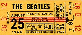 Ticket for the Beatles Thursday, August 25th, 1966 concert at the Seattle City Center Coliseum, 3 pm.