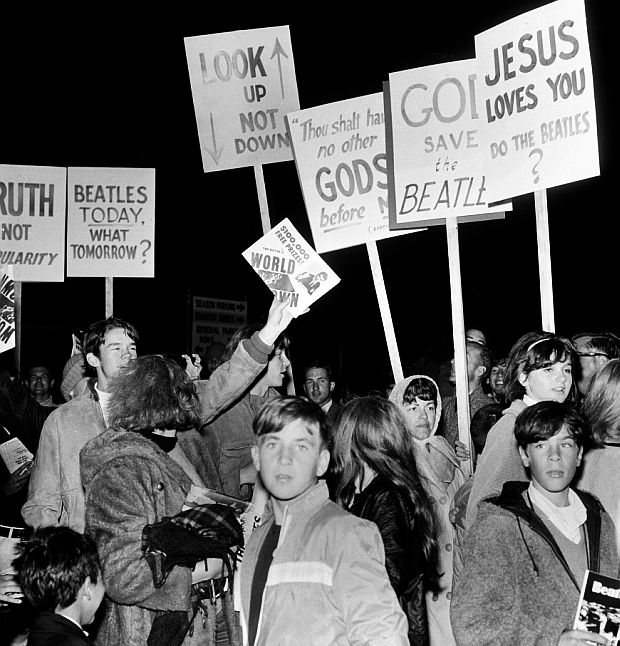 August 29th, 1966: Pickets from Sunnyvale, CA outside Candlestick Park protest John Lennon's "more-popular-than-Jesus" remark. These demonstrators were seen by some concert goers, but missed by the Beatles, who used a different entrance. AP photo.