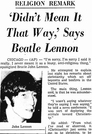 August 12th, 1966 AP story appearing in The Miami News (FL) on John Lennon’s apology at Chicago press conference. 