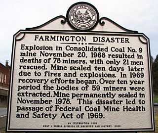West Virginia historic marker for the Farmington mine disaster, which killed 78 miners, and helped spur Congress to pass the Federal Coal Mine Health & Safety Act of 1969.