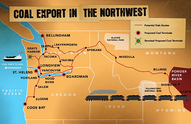 Coal Export overview in the Northwest U.S. as of 2013 or so, showing proposed coal export terminals & possible train routes from the surface coal mines in the Montana / Wyoming Powder River Basin. Not all of the proposed Washington and Oregon coal export terminals on this map are still proposed. Map by Think Progress.