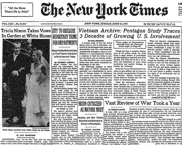 June 13, 1971: The New York Times publishes its first Pentagon Papers stories (shared with coverage of Tricia Nixon’s White House wedding) – “Vietnam Archive...” by Neil Sheehan , and “Vast Review of War Took A Year,” by Hedrick Smith. A box in the first story directed readers to  further pages of “documentary material from the Pentagon study.”
