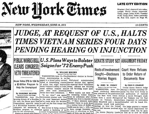 June 16, 1971. The New York Times reports on the Nixon Administration’s action to halt the Times’ publication on the secret Pentagon study, while also reporting another story from that study and another on related issues.