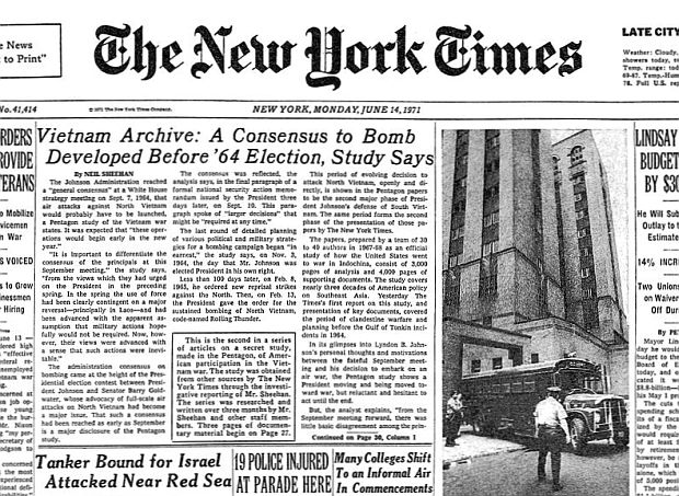 June 14, 1971. Cropped front page of the New York times featuring the second in a series of stories on the Pentagon’s secret Vietnam history. This story revealed that planning was underway to bomb North Vietnam before the U.S. 1964 Presidential election, when as a candidate, President Johnson had said he would not escalate the war.