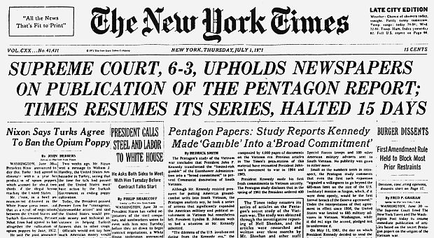 July 1, 1971: In addition to its front page coverage of the Supreme Court’s decision, the Times continued its series on the Pentagon Papers with two of the stories appearing on the front page – one on JFK decisions  – “...Made ‘Gamble’ Into a ‘Broad Commitment’,” – and another on the overthrow of South Vietnam’s President Diem. 