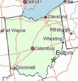 Map showing location of Belpre, Ohio on the Ohio River border with West Virginia.