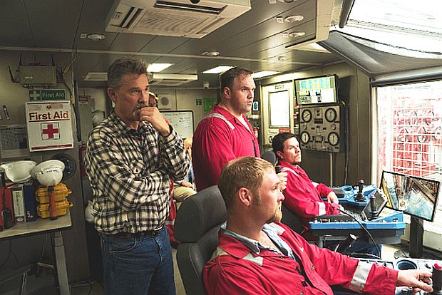 Film clip of Mr. Jimmy watching monitors as negative pressure testing in underway, with Mike Williams (far right),  BP’s Donald Vidrine (obscured in back), and other Transocean crew.