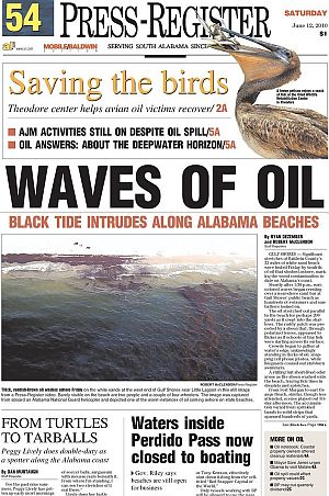 June 12, 2010. Portion of the front page of the Press-Register of south Alabama reporting on 'black tide' hitting the beaches.