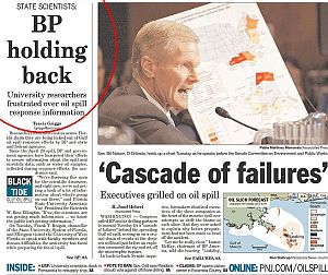 May 12, 2010. Front-page oil spill headlines from Florida’s ‘Pensacola News Journal’ featuring 'BP Holding Back' story & Senator Bill Nelson (D-FL) during Washington hearings. 