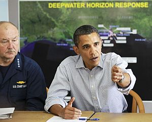 June 4, 2010. President Obama with Coast Guard Admiral Thad Allen, and speaking with press, at Deepwater Horizon oil spill response center in New Orleans, Louisiana.