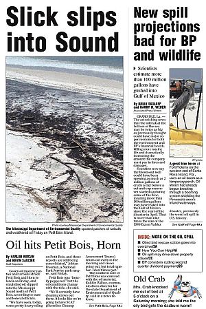 June 12, 2010. Front page of The Mississippi Press showing oil on beaches of Petit Bois Island and reporting that latest spill projections look bad for wildlife and BP damages.