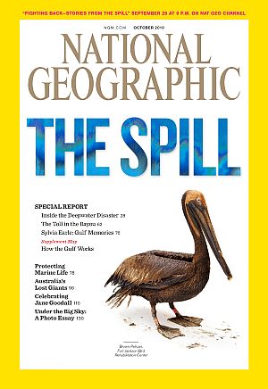 National Geographic's special report on Gulf oil spill, October 2010, features partially-cleaned Pelican at Fort Jackson Bird Rehabilitation Center. Click for copy.