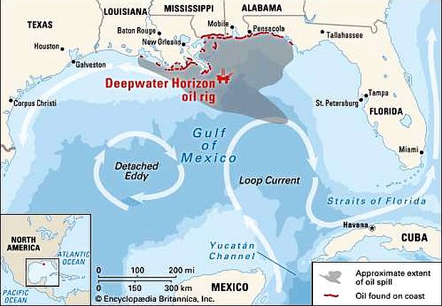 Encyclopedia Britannica map of the Gulf of Mexico and region showing former location of the Deepwater Horizon drilling rig and the extent of the oil spill, impacted shoreline areas, and the spill’s relation to Gulf currents. 