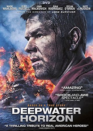 DVD cover for 2016 film, "Deepwater Horizon," based on the 2010 BP Gulf of Mexico oil rig disaster that killed 11 workers and resulted in the worst oil spill in U.S. history. Click for DVD.