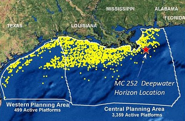 Map of some 3,858 oil and gas platforms in the Gulf of Mexico as of 2006, also showing the former location of the Deepwater Horizon rig. The yellow dots used to note platform locations are not to scale and exaggerate the density of platforms. NOAA 2012. 