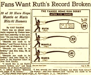 Aug 11, 1961: NYTimes finds fan support for breaking Ruth’s record & begins publishing comparative home run chart.