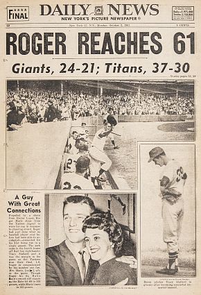 October 2, 1961, New York Daily News headlines and photos show Roger Maris coming out of the dugout to tip his hat to Yankee Stadium fans after hitting his 1961 season record 61st home run. Maris is also shown with his wife Pat.