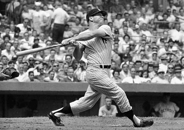 Mickey Mantle’s powerful swing from the left side of the plate, September 3, 1961, hitting his 49th home run during 1st inning against the Detroit Tigers at Yankee Stadium with Roger Maris aboard. Mantle would hit his 50th home run in the same game in the 9th inning. AP photo.