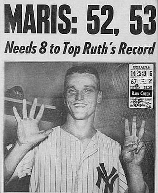 Sept 3, 1961 New York newspaper story with Roger Maris holding up  a “53" hand count for his home run total, as headlines tell the story (inset ticket stub incidental; not part of original publication). 