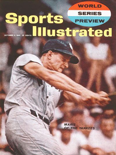 October 2, 1961. Cover of Sports Illustrated magazine featuring Roger Maris hitting one of his late-season, record home runs, with full story by Roger Kahn, “Pursuit of No. 60: The Ordeal of Roger Maris”. Click for copy.