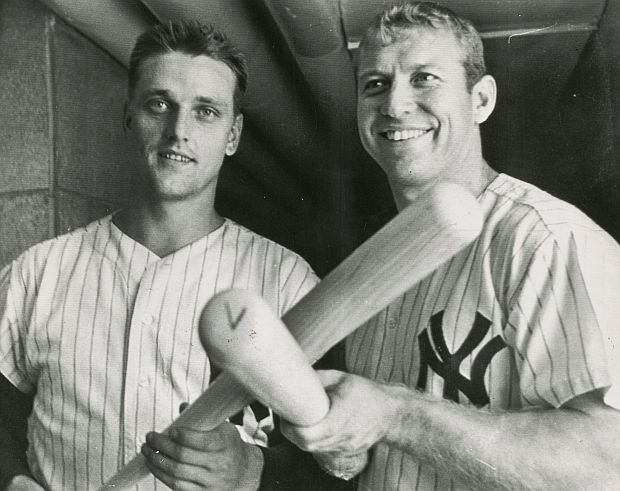 July 3, 1962.  The M&M boys had occasional displays of their home run power beyond 1961, as they did here, shown in the locker room after hitting two home runs apiece in a game against the Kansas City Athletics at Yankee Stadium. AP photo,